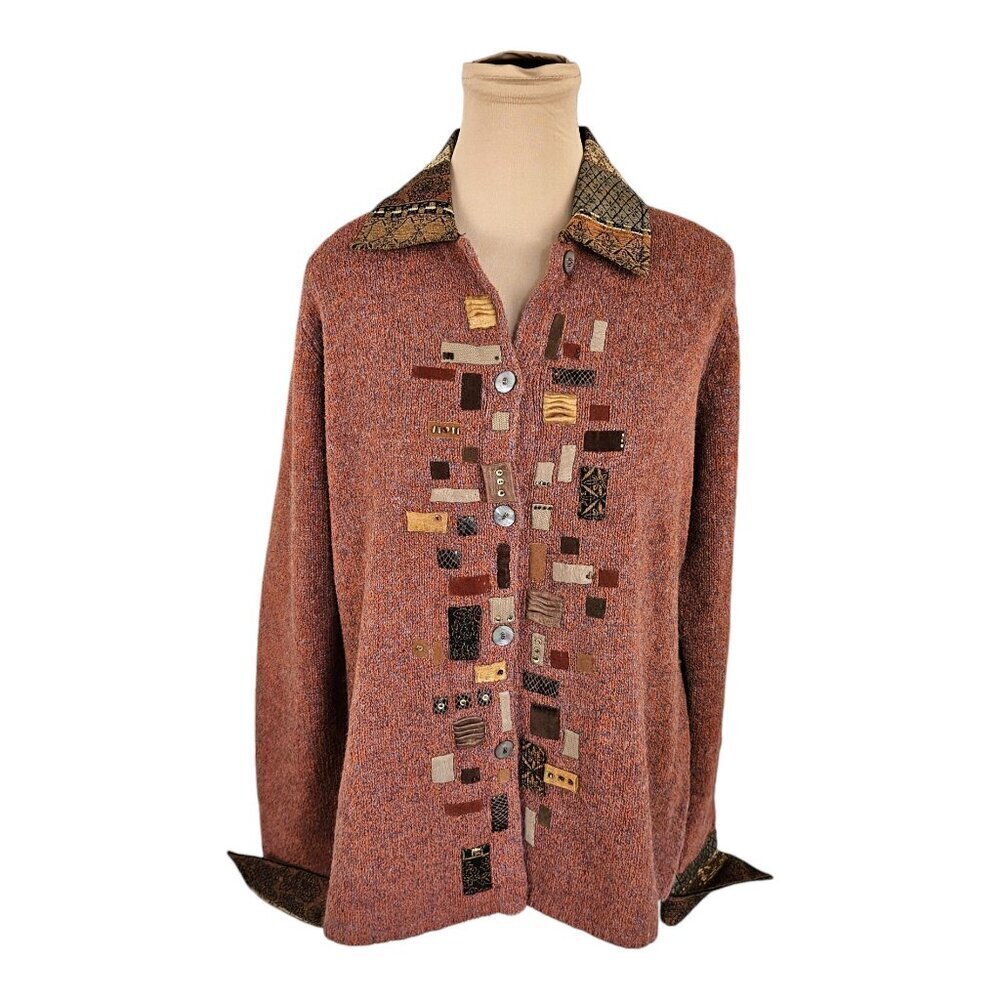 Susan Bristol Unique Orange Art To Wear Cardigan Button Closure Sz L
